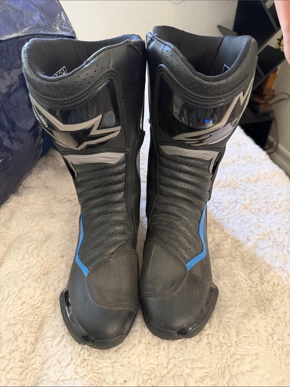 Alpinestars Black Motorcycle Boots with Blue Accents